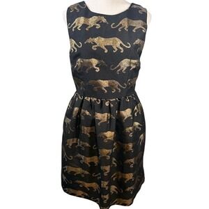 Eyedoll Anthropologie Panthere Dress Size 6 Black Gold Metallic Panther